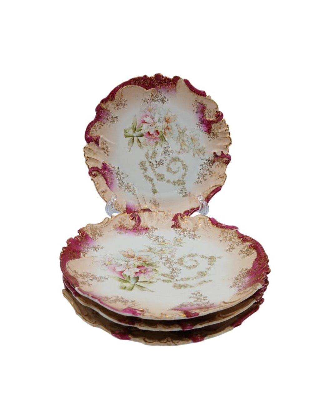 19th C Hand Painted Floral Plates Scalloped Porcelain Gilt 8.25 Set of 4